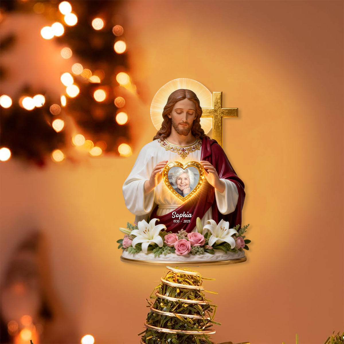 Gott hält dich in seinen Armen – Personalisierte christliche LED-Lichterbaumspitze