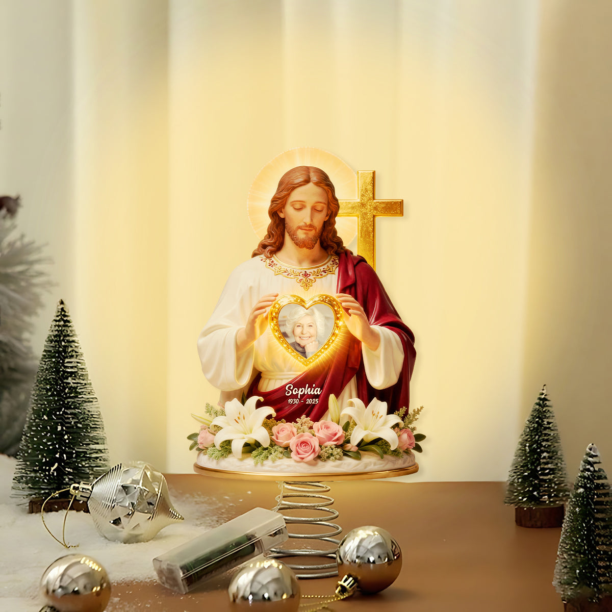 Gott hält dich in seinen Armen – Personalisierte christliche LED-Lichterbaumspitze