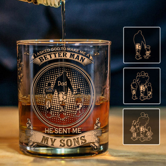 Ich bitte Gott, mich zu einem besseren Menschen zu machen – personalisiertes Whiskeyglas für Väter