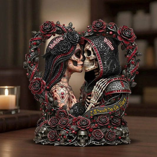 Zuckerschädel „Bis dass der Tod uns scheidet“ – personalisierte Acrylplakette in individueller Schädelform