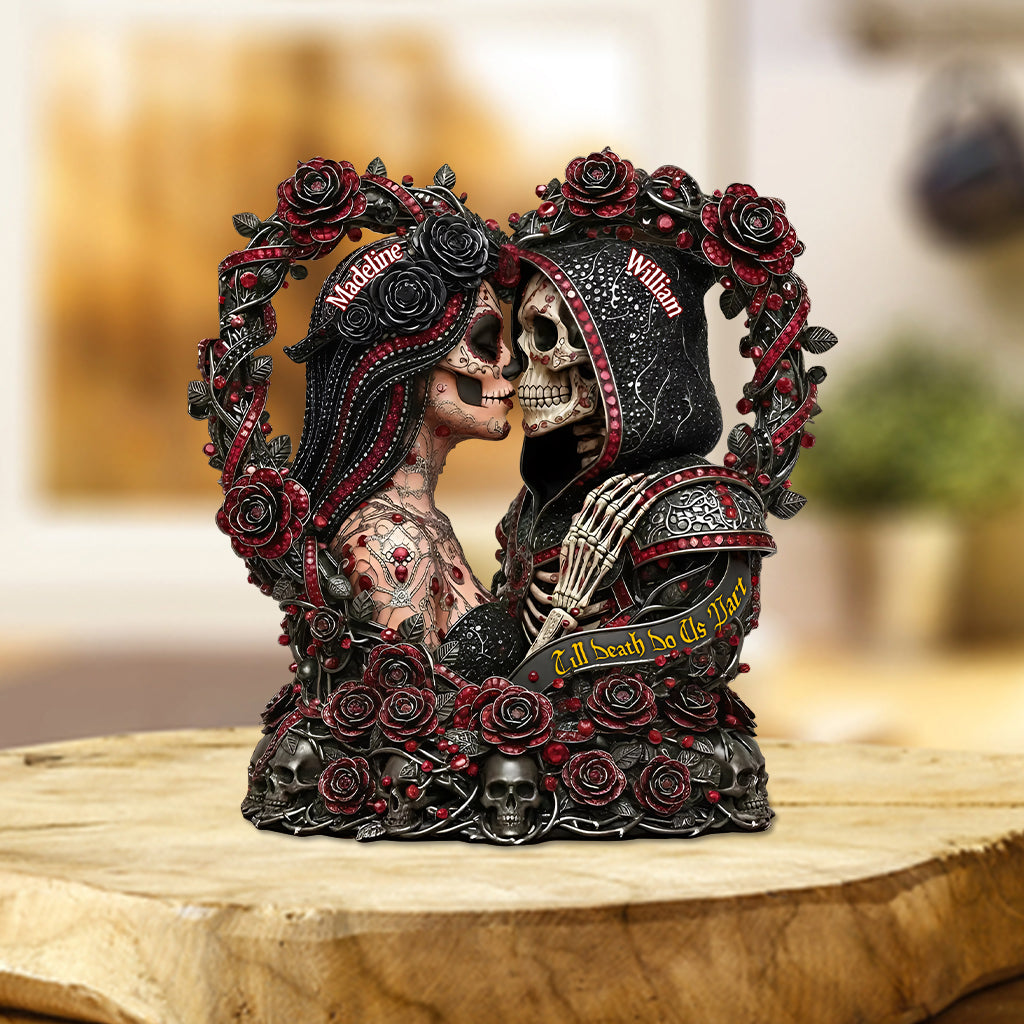 Zuckerschädel „Bis dass der Tod uns scheidet“ – personalisierte Acrylplakette in individueller Schädelform