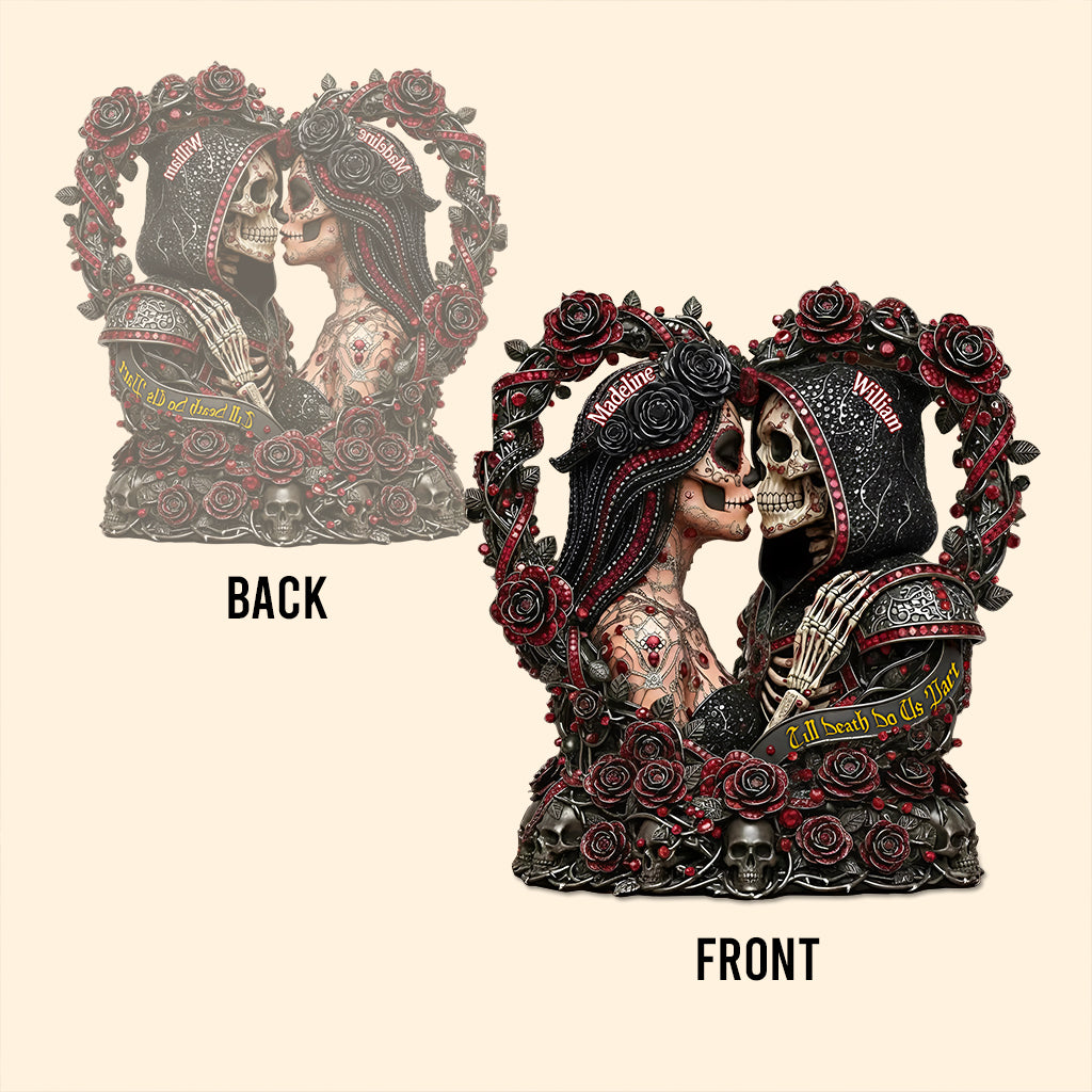 Zuckerschädel „Bis dass der Tod uns scheidet“ – personalisierte Acrylplakette in individueller Schädelform