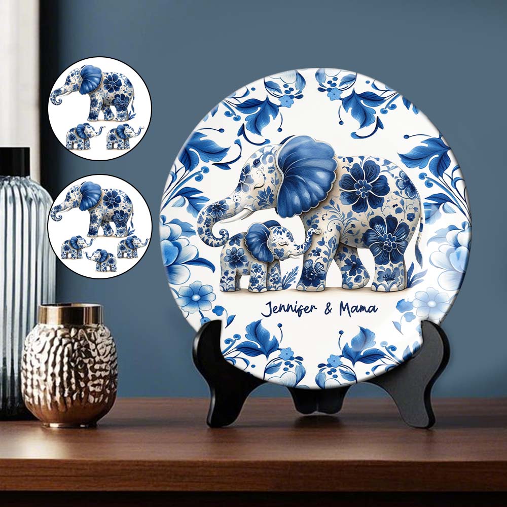 Elefantenmama – Personalisierter runder Keramikteller für Mutter
