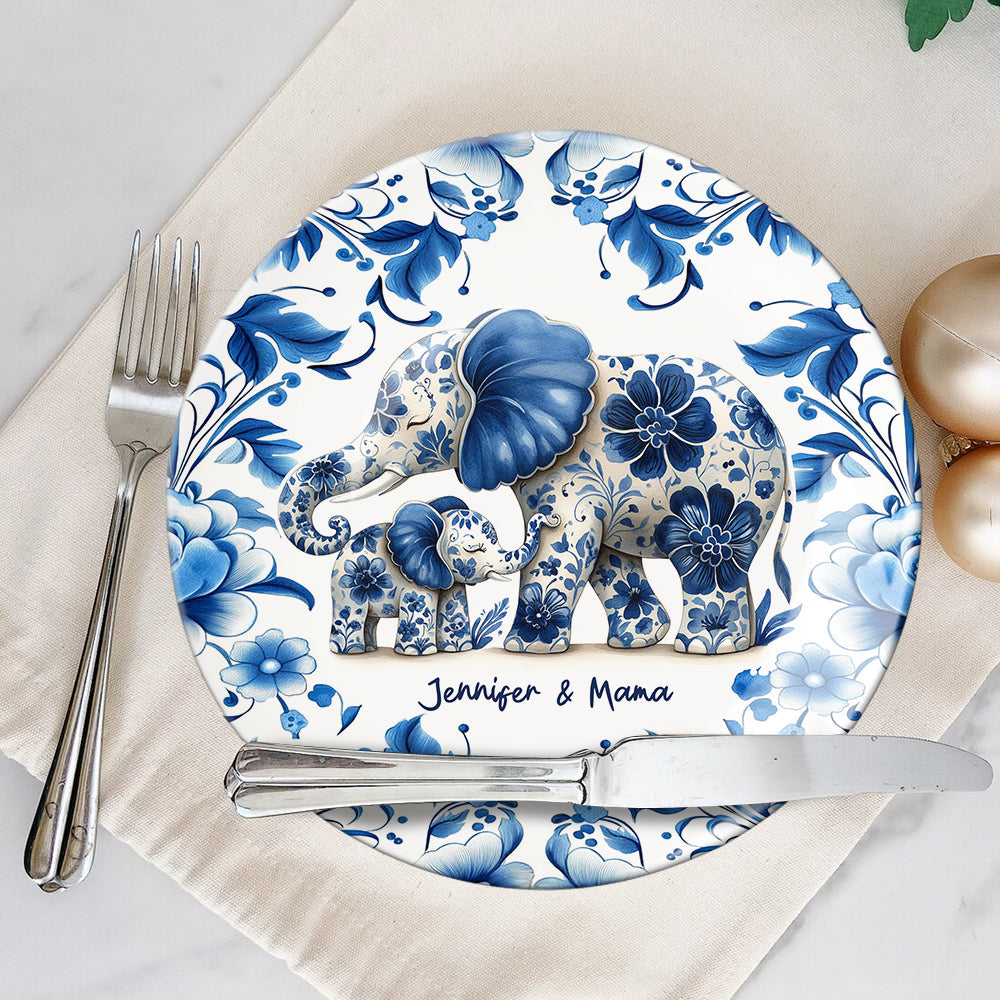 Elefantenmama – Personalisierter runder Keramikteller für Mutter
