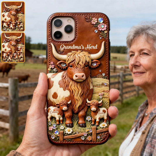 Grandma's Herd - Personalized Highland Cow 3D Embossed Leather Phone Case