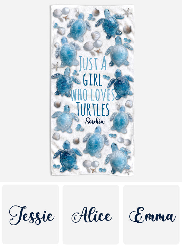 Einfach ein Mädchen, das Schildkröten liebt – Personalisiertes, schnelltrocknendes Strand-/Badetuch mit Schildkrötenmotiv