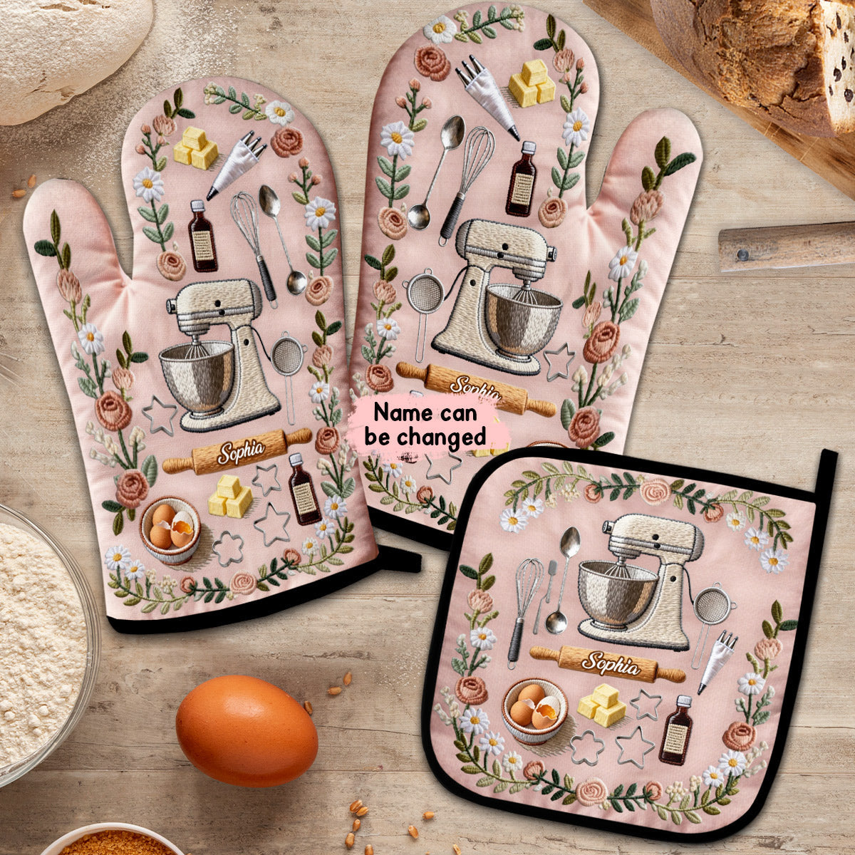 Love Baking – Personalisiertes Set aus Ofenhandschuhen und Topflappen