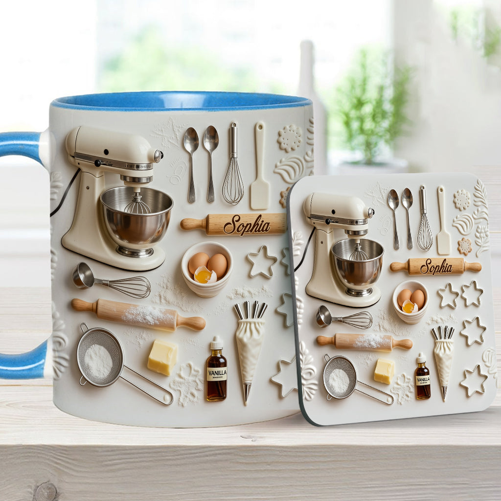 Liebe zum Backen – Personalisierte Tasse und Untersetzer mit Backmotiv