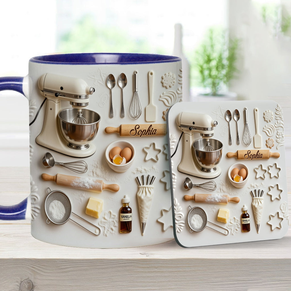 Liebe zum Backen – Personalisierte Tasse und Untersetzer mit Backmotiv