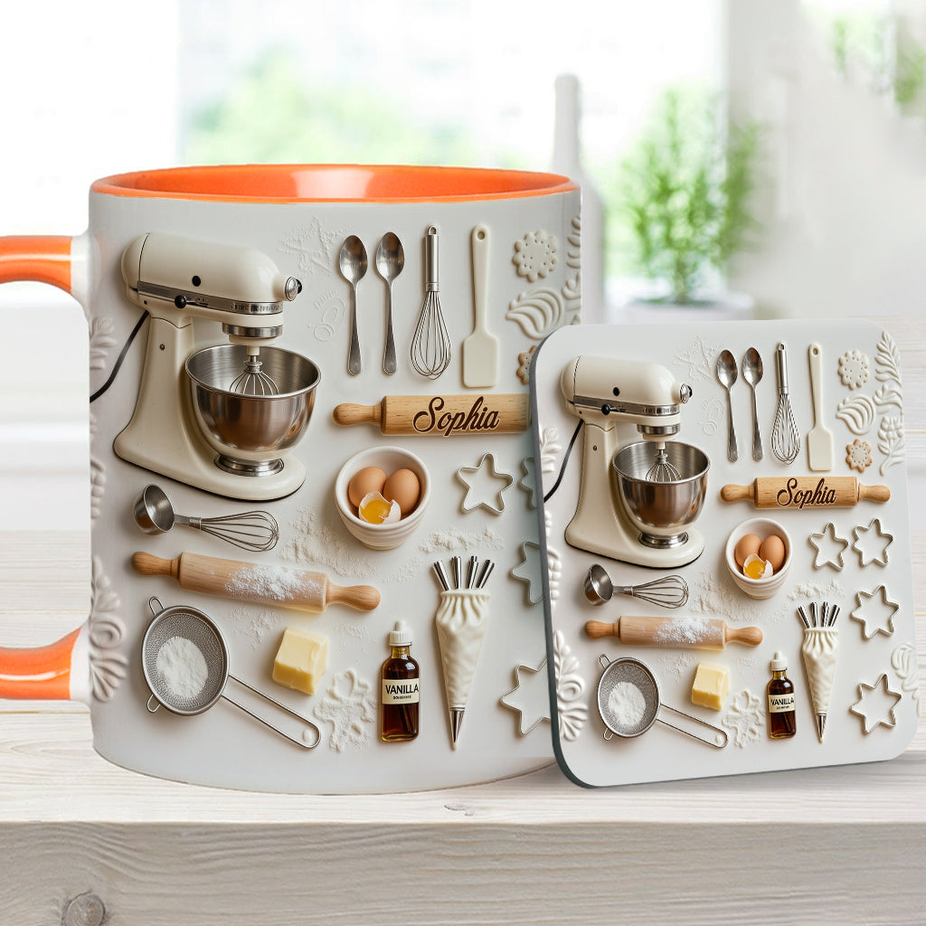 Liebe zum Backen – Personalisierte Tasse und Untersetzer mit Backmotiv