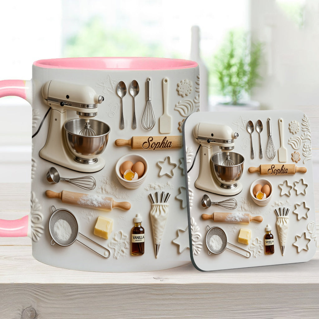 Liebe zum Backen – Personalisierte Tasse und Untersetzer mit Backmotiv