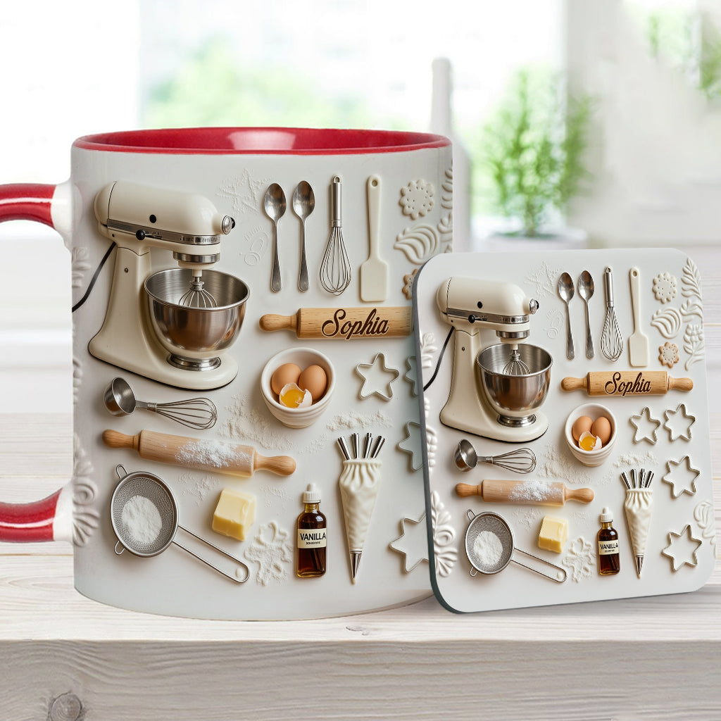 Liebe zum Backen – Personalisierte Tasse und Untersetzer mit Backmotiv