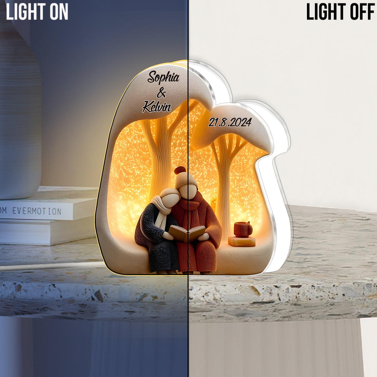 Ein liebes Paar liest gemeinsam ein Buch – personalisierte LED-Nachtleuchte aus Acryl für Paare
