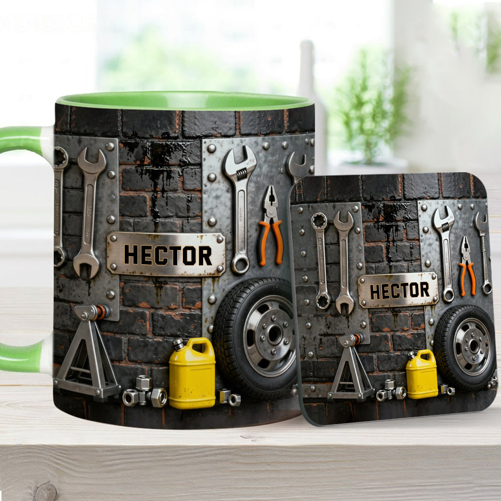 Essen, Schlafen, Reparieren, Auto reparieren, Wiederholen – Personalisierte Tasse und Untersetzer mit Mechaniker-Motiv