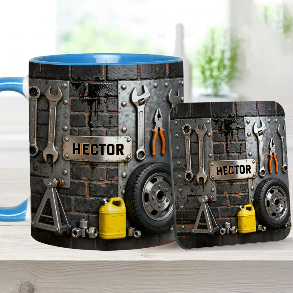 Essen, Schlafen, Reparieren, Auto reparieren, Wiederholen – Personalisierte Tasse und Untersetzer mit Mechaniker-Motiv