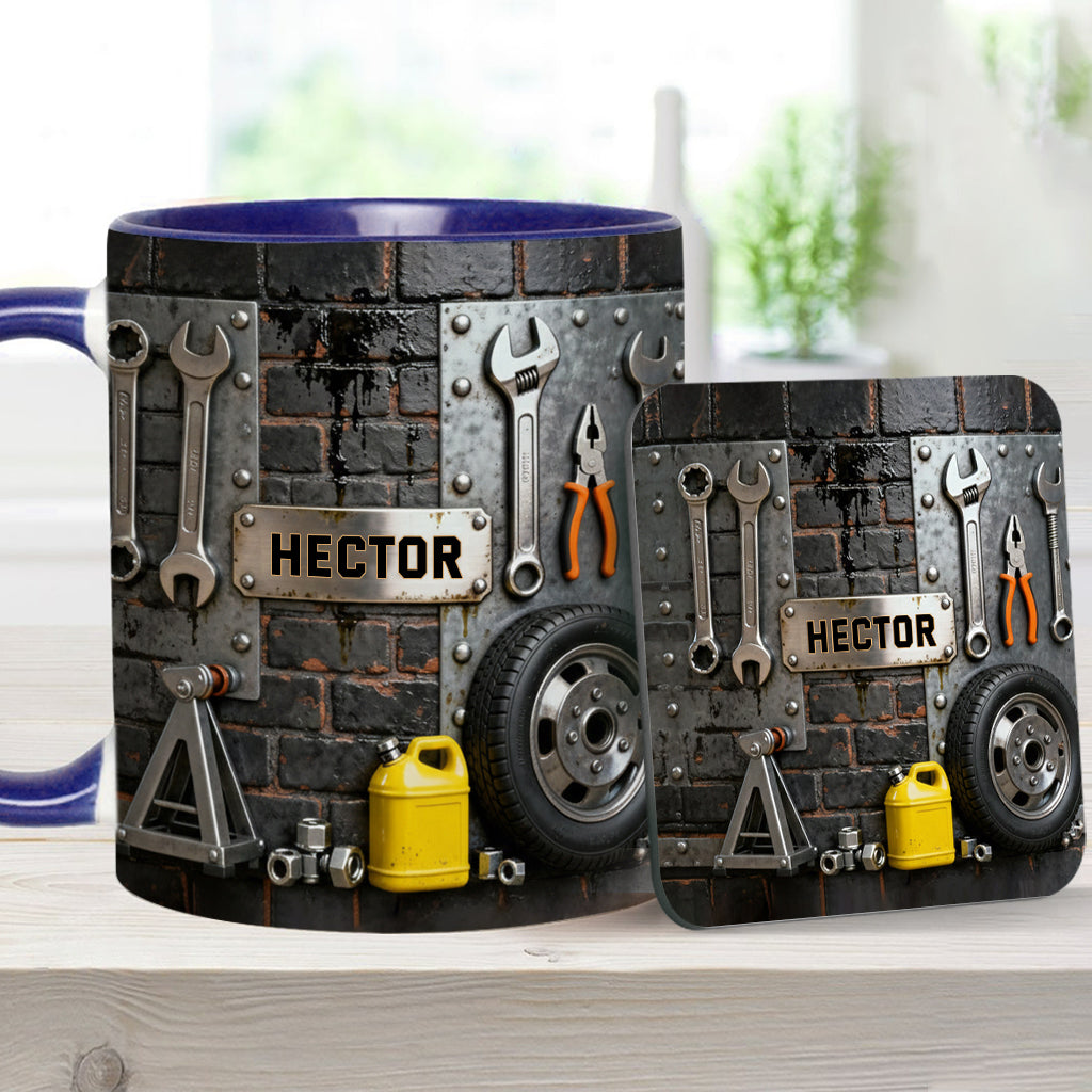 Essen, Schlafen, Reparieren, Auto reparieren, Wiederholen – Personalisierte Tasse und Untersetzer mit Mechaniker-Motiv