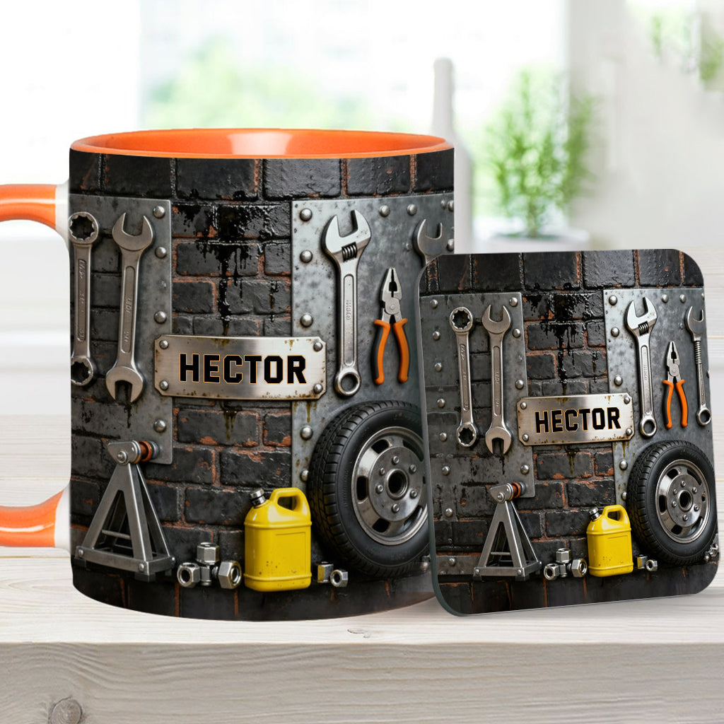 Essen, Schlafen, Reparieren, Auto reparieren, Wiederholen – Personalisierte Tasse und Untersetzer mit Mechaniker-Motiv