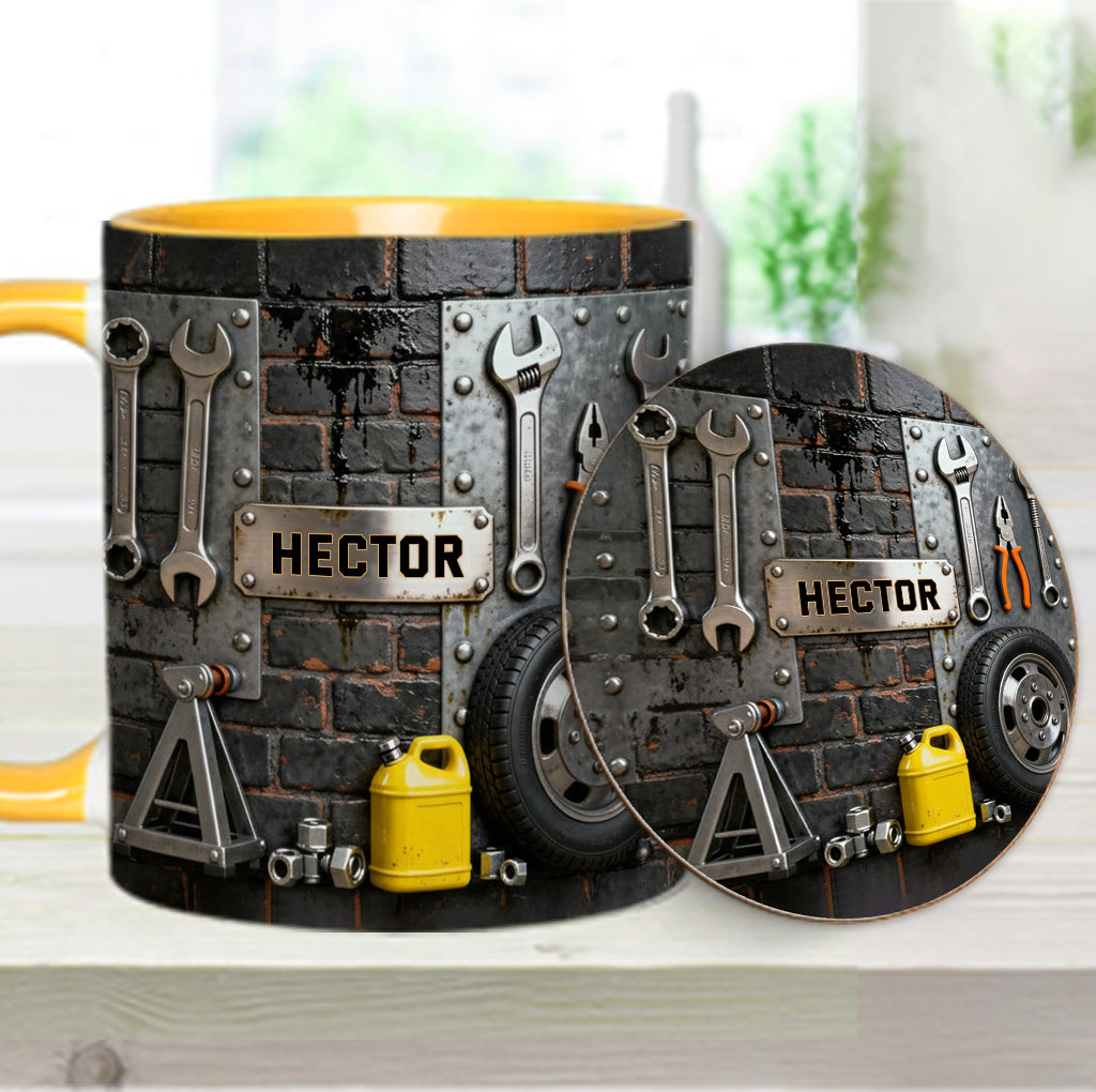 Essen, Schlafen, Reparieren, Auto reparieren, Wiederholen – Personalisierte Tasse und Untersetzer mit Mechaniker-Motiv