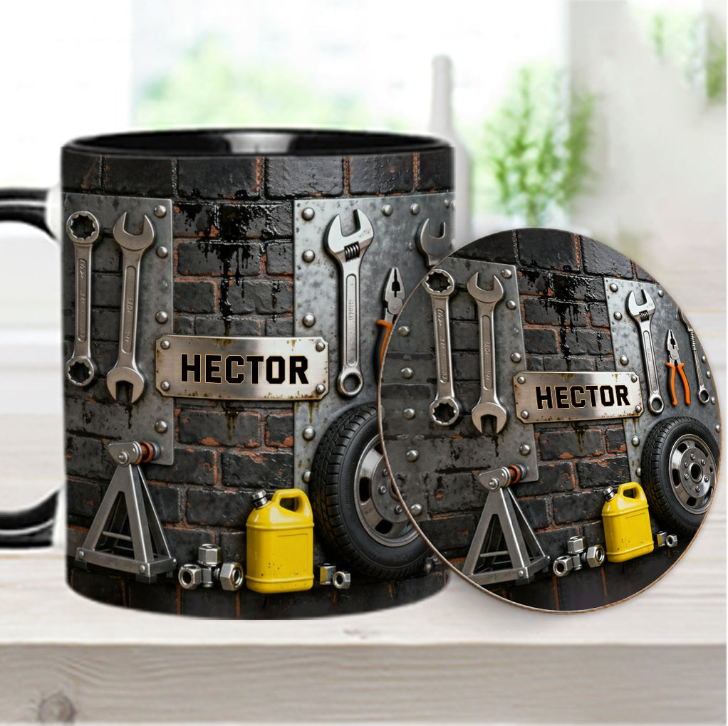 Essen, Schlafen, Reparieren, Auto reparieren, Wiederholen – Personalisierte Tasse und Untersetzer mit Mechaniker-Motiv