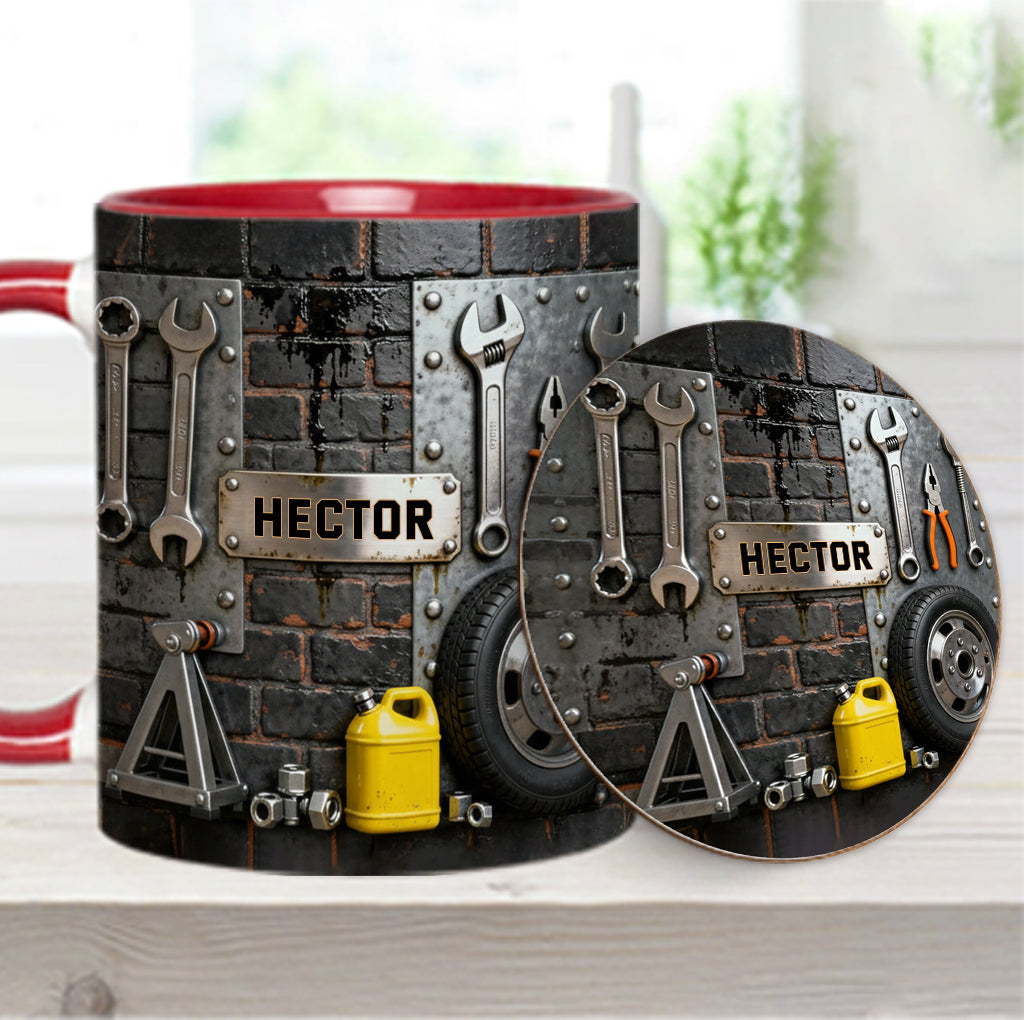 Essen, Schlafen, Reparieren, Auto reparieren, Wiederholen – Personalisierte Tasse und Untersetzer mit Mechaniker-Motiv