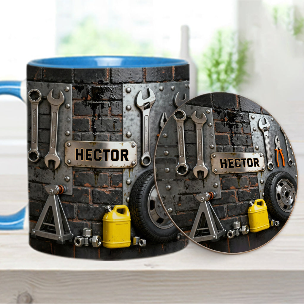 Essen, Schlafen, Reparieren, Auto reparieren, Wiederholen – Personalisierte Tasse und Untersetzer mit Mechaniker-Motiv