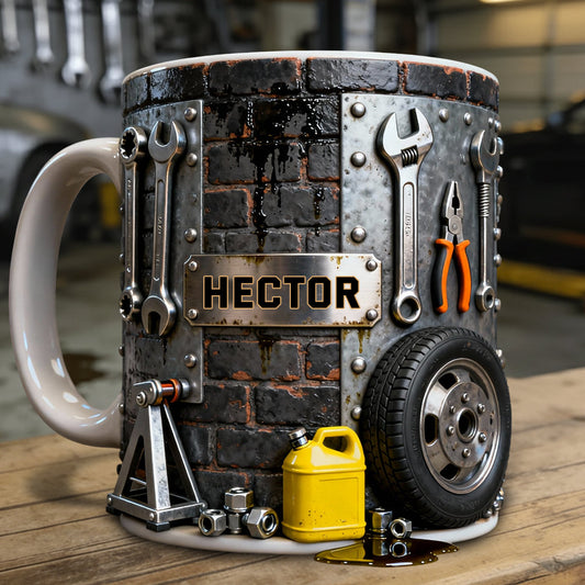 Essen, Schlafen, Reparieren, Auto reparieren, Wiederholen – Personalisierte Tasse und Untersetzer mit Mechaniker-Motiv