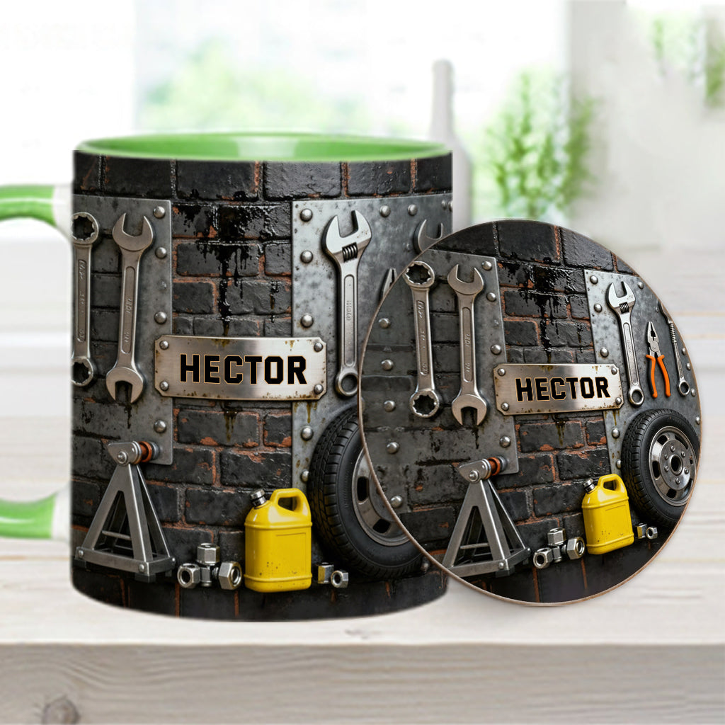 Essen, Schlafen, Reparieren, Auto reparieren, Wiederholen – Personalisierte Tasse und Untersetzer mit Mechaniker-Motiv