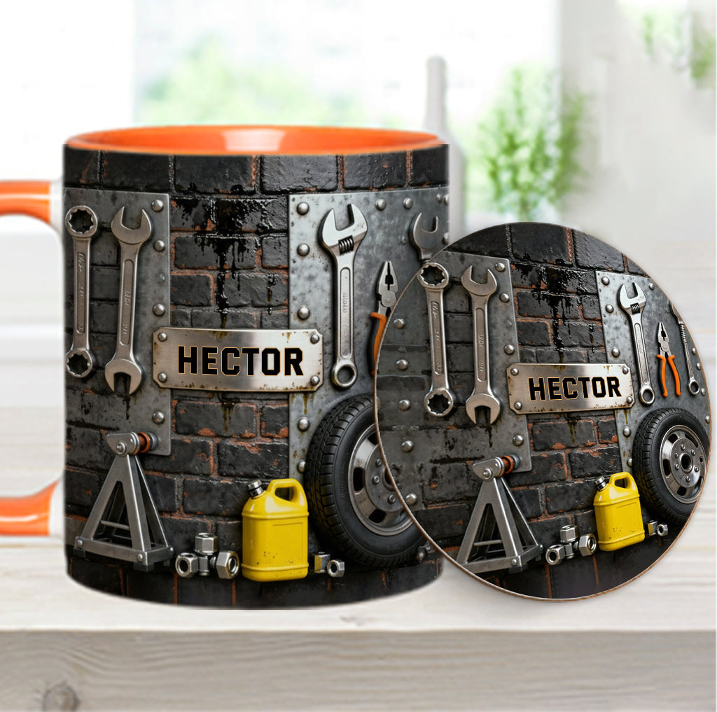 Essen, Schlafen, Reparieren, Auto reparieren, Wiederholen – Personalisierte Tasse und Untersetzer mit Mechaniker-Motiv