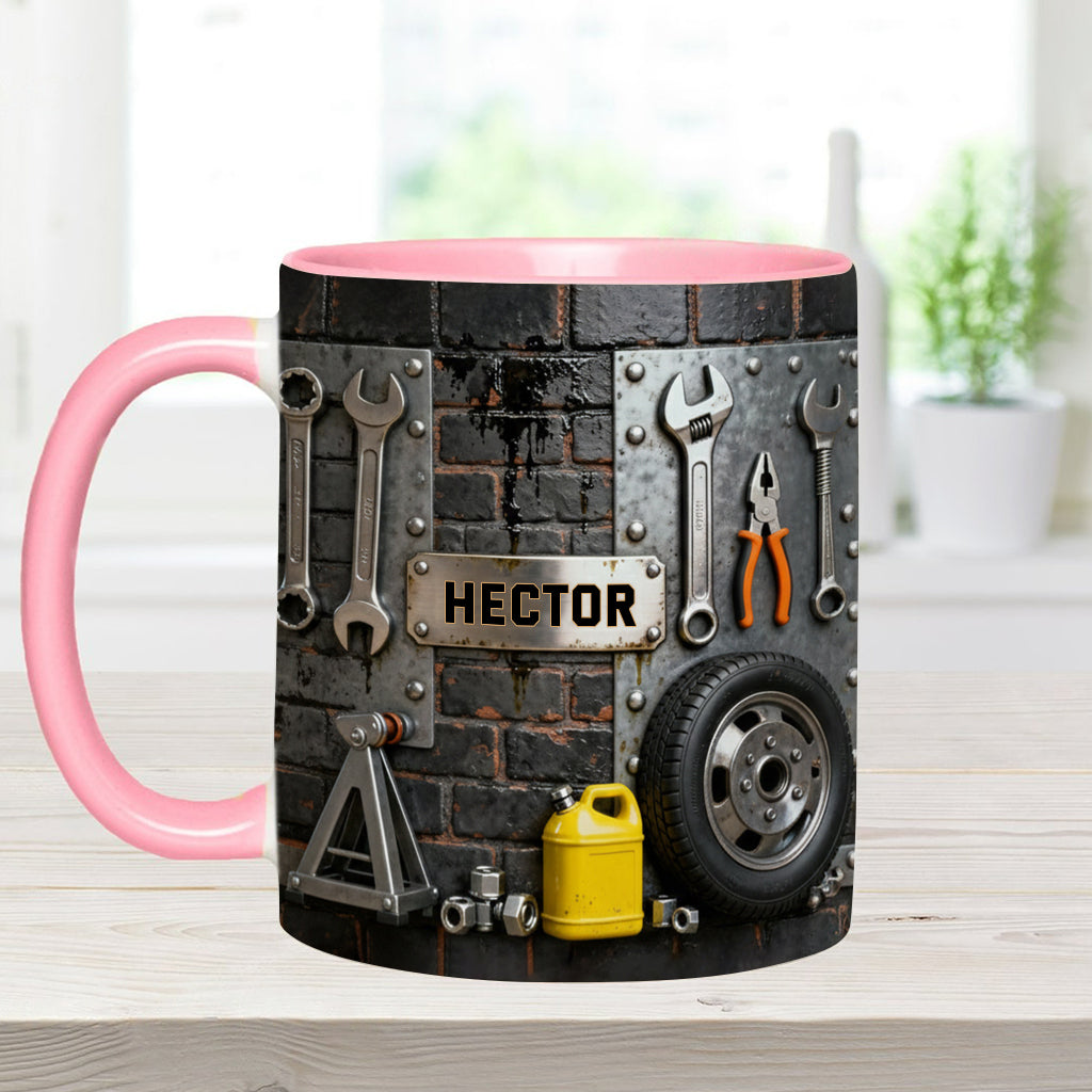 Essen, Schlafen, Reparieren, Auto reparieren, Wiederholen – Personalisierte Tasse und Untersetzer mit Mechaniker-Motiv