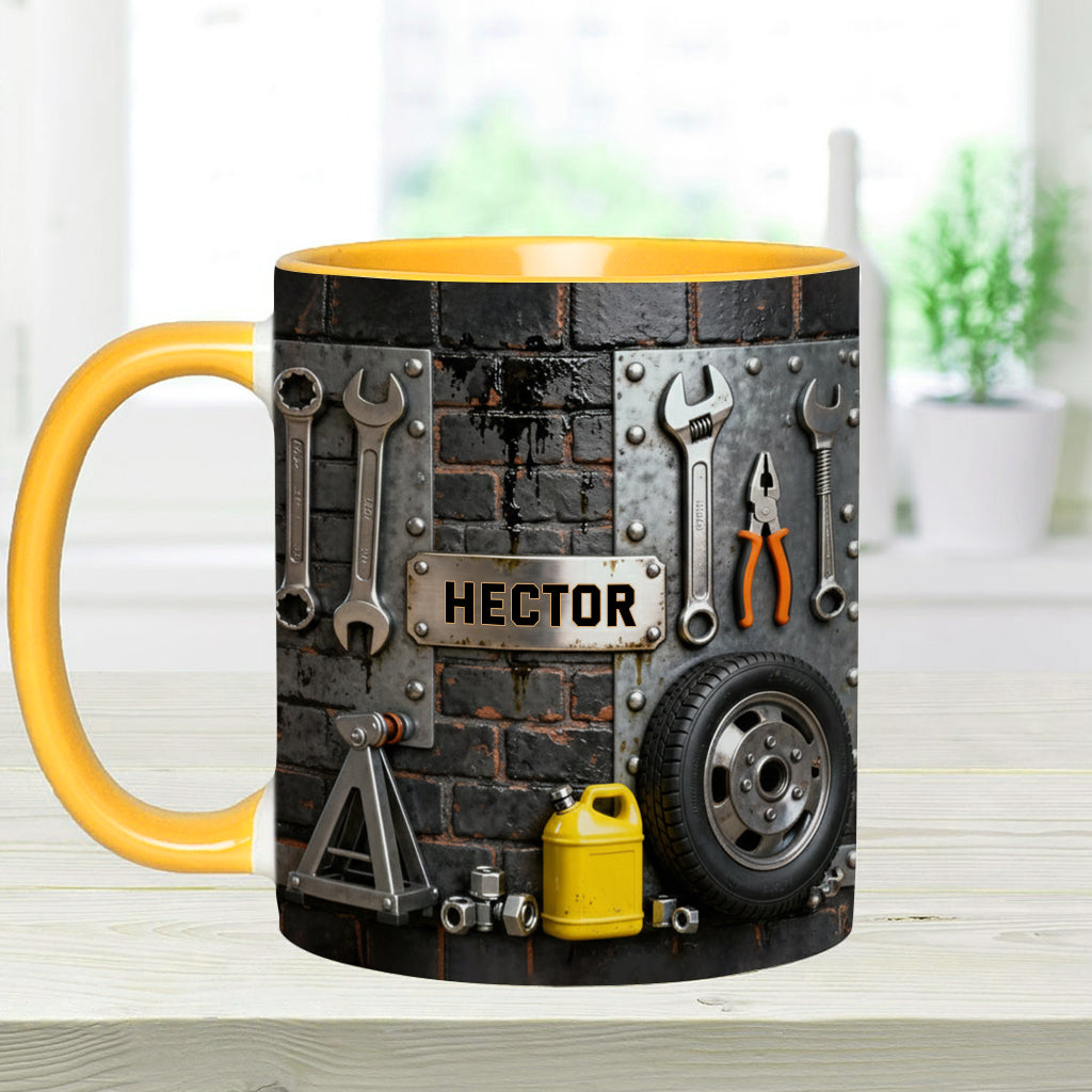 Essen, Schlafen, Reparieren, Auto reparieren, Wiederholen – Personalisierte Tasse und Untersetzer mit Mechaniker-Motiv