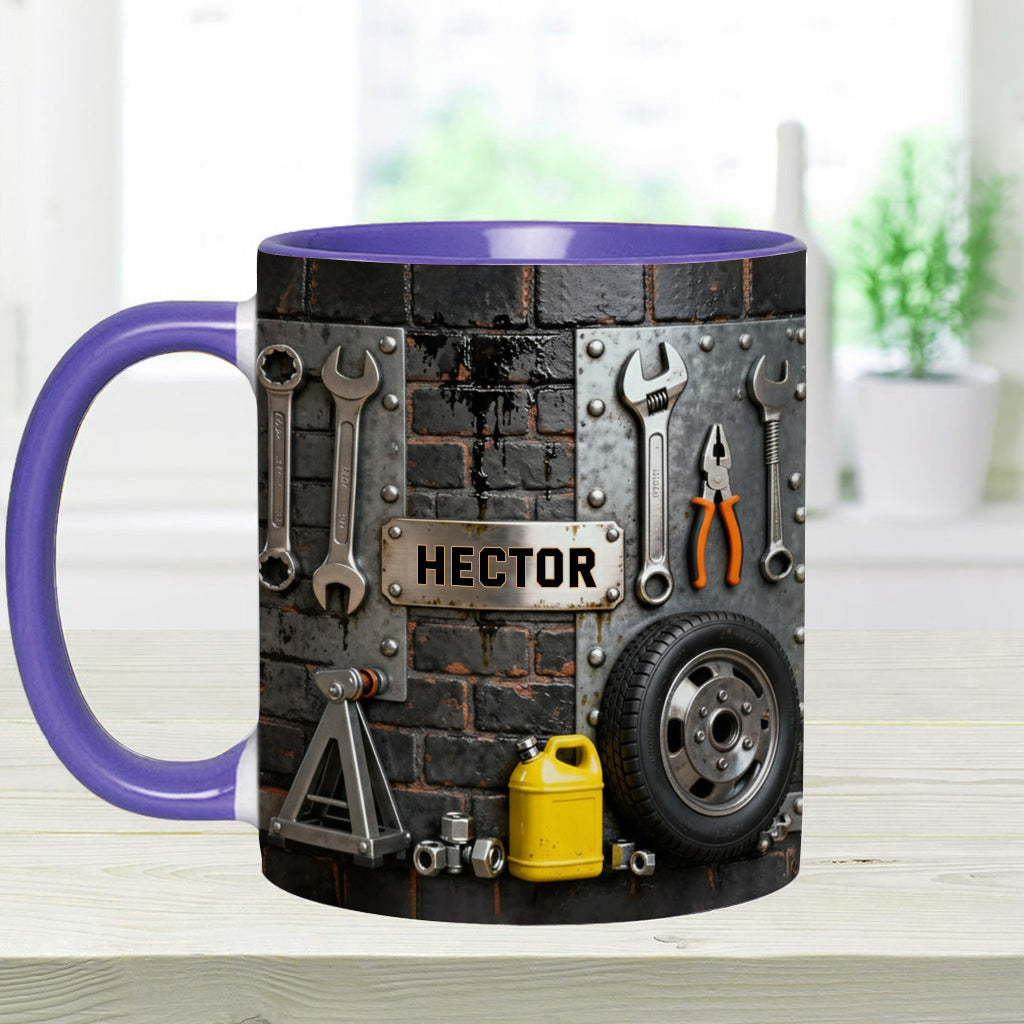 Essen, Schlafen, Reparieren, Auto reparieren, Wiederholen – Personalisierte Tasse und Untersetzer mit Mechaniker-Motiv