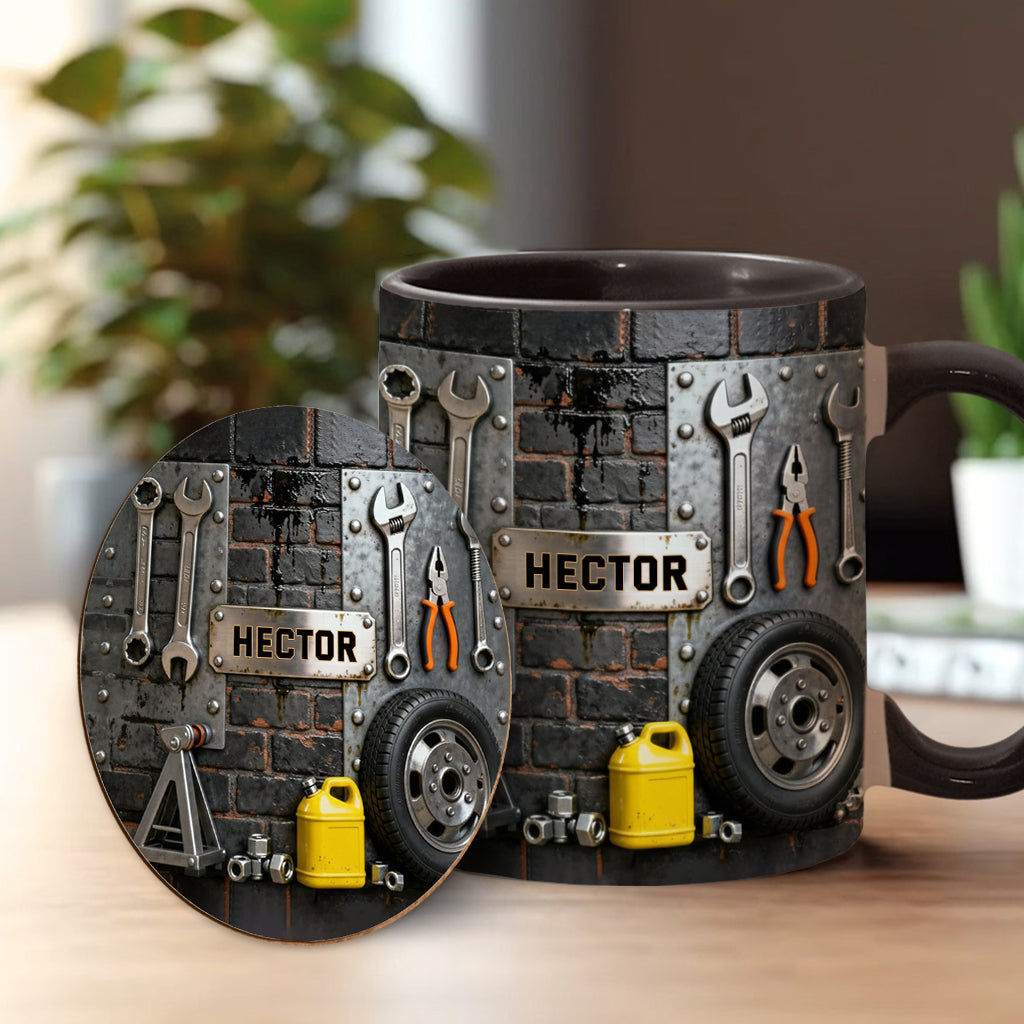 Essen, Schlafen, Reparieren, Auto reparieren, Wiederholen – Personalisierte Tasse und Untersetzer mit Mechaniker-Motiv