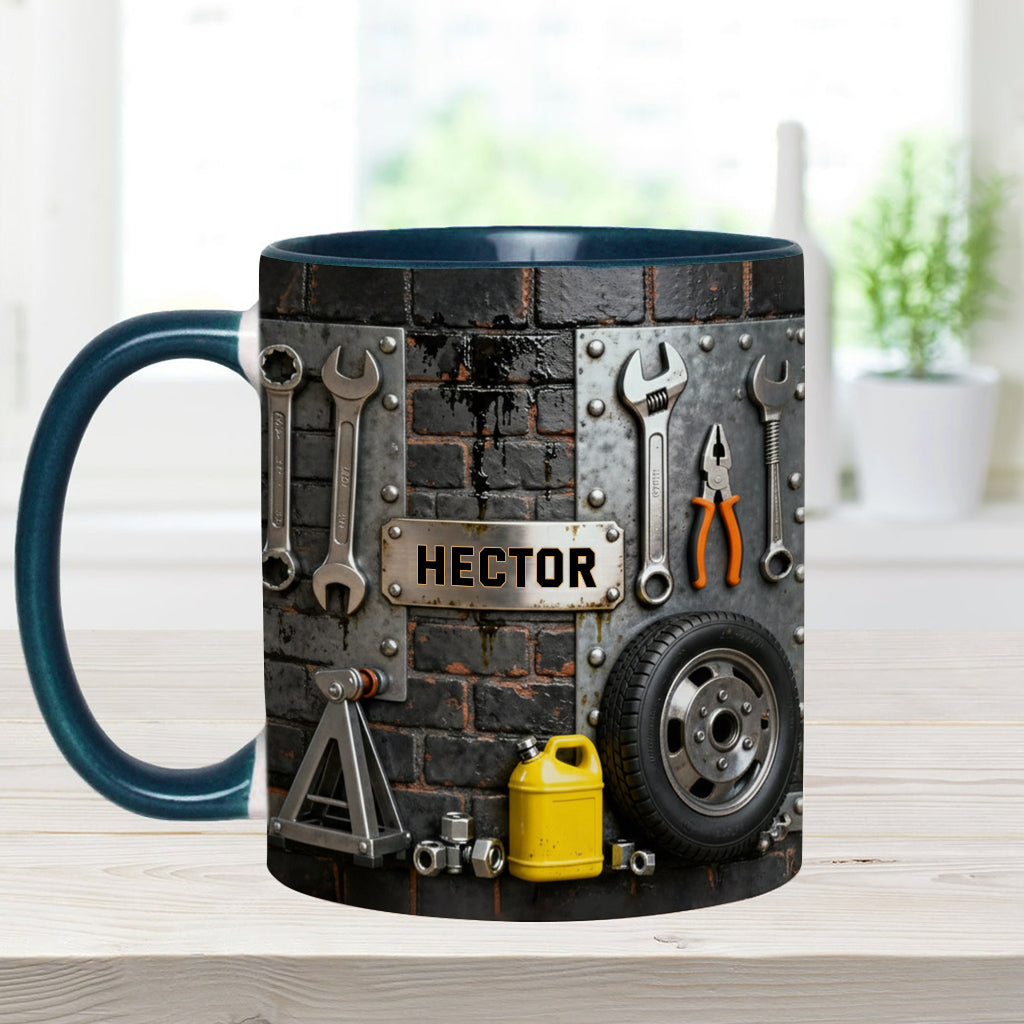 Essen, Schlafen, Reparieren, Auto reparieren, Wiederholen – Personalisierte Tasse und Untersetzer mit Mechaniker-Motiv