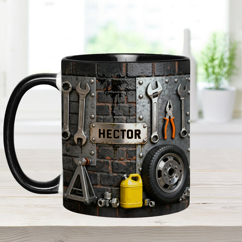 Essen, Schlafen, Reparieren, Auto reparieren, Wiederholen – Personalisierte Tasse und Untersetzer mit Mechaniker-Motiv