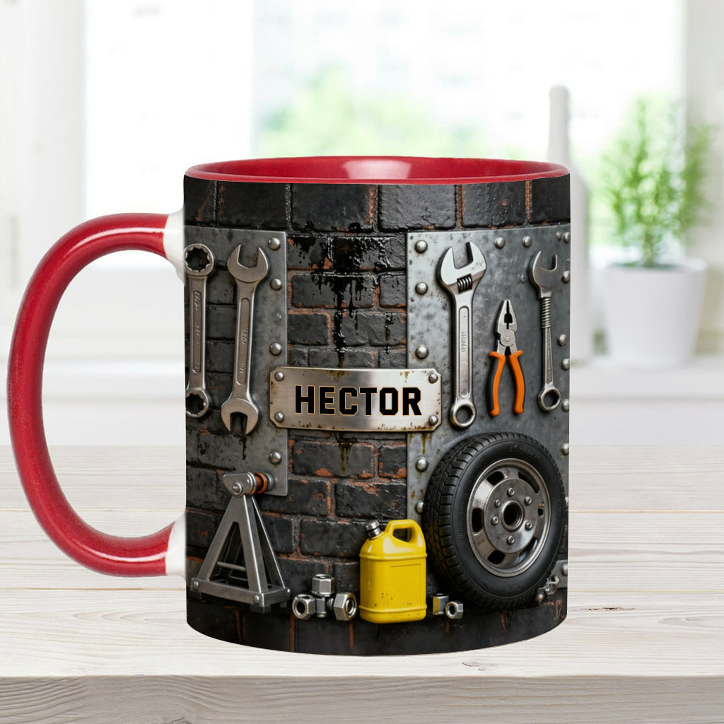 Essen, Schlafen, Reparieren, Auto reparieren, Wiederholen – Personalisierte Tasse und Untersetzer mit Mechaniker-Motiv