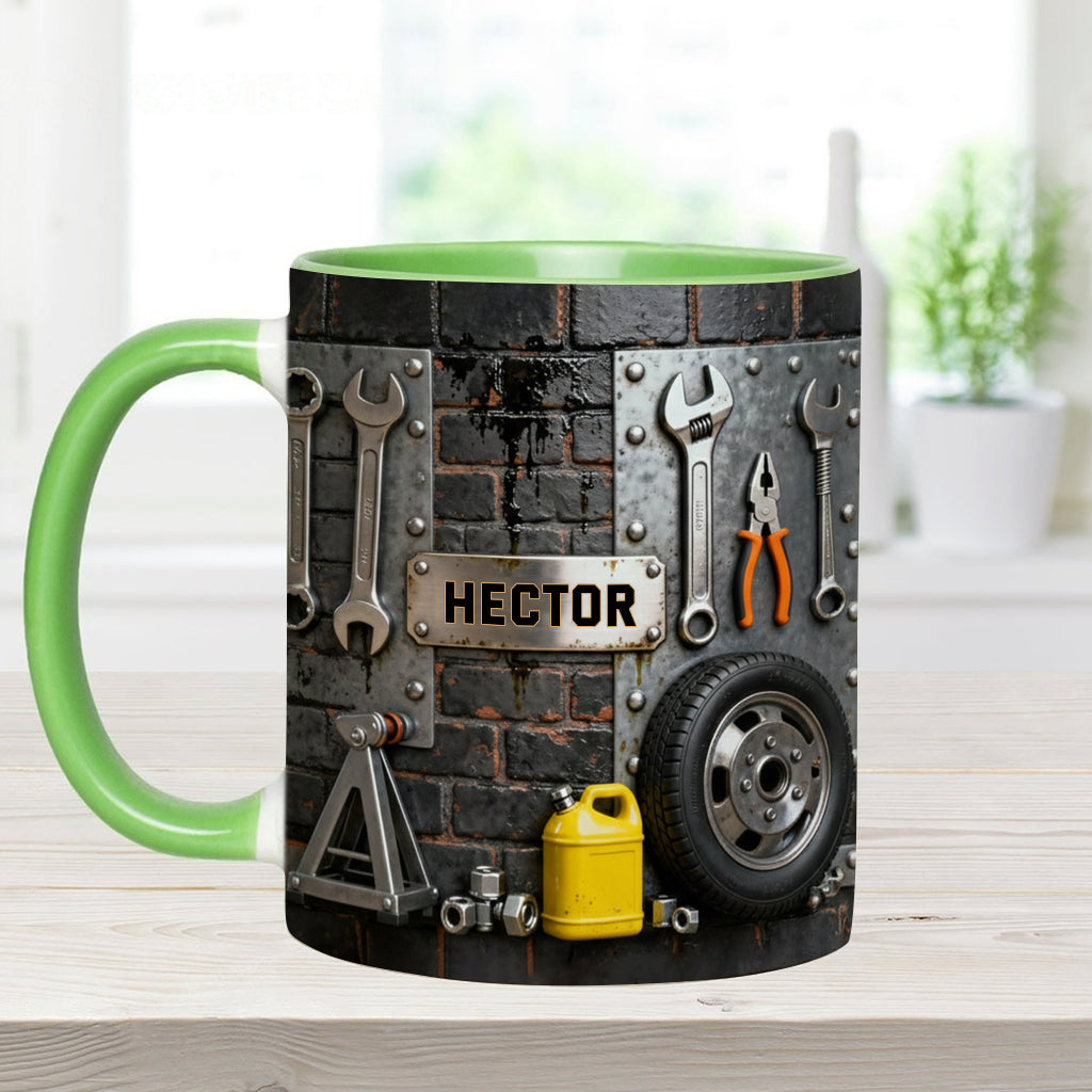 Essen, Schlafen, Reparieren, Auto reparieren, Wiederholen – Personalisierte Tasse und Untersetzer mit Mechaniker-Motiv