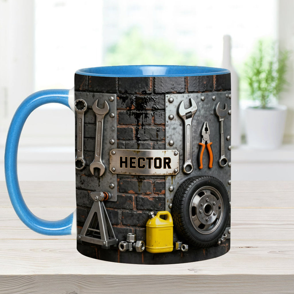 Essen, Schlafen, Reparieren, Auto reparieren, Wiederholen – Personalisierte Tasse und Untersetzer mit Mechaniker-Motiv