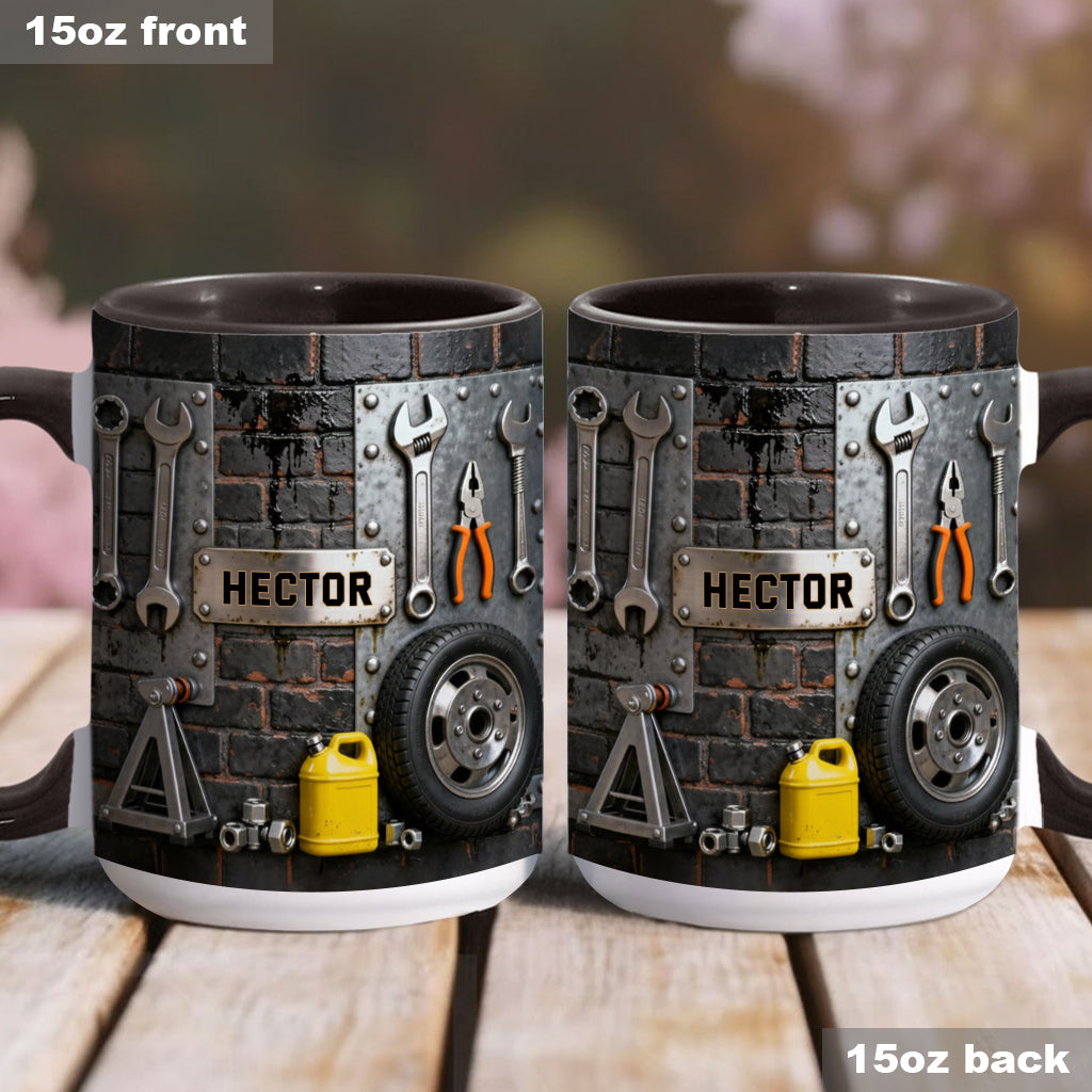 Essen, Schlafen, Reparieren, Auto reparieren, Wiederholen – Personalisierte Tasse und Untersetzer mit Mechaniker-Motiv