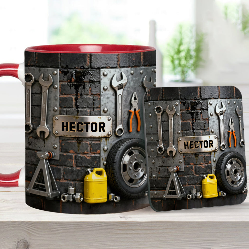 Essen, Schlafen, Reparieren, Auto reparieren, Wiederholen – Personalisierte Tasse und Untersetzer mit Mechaniker-Motiv