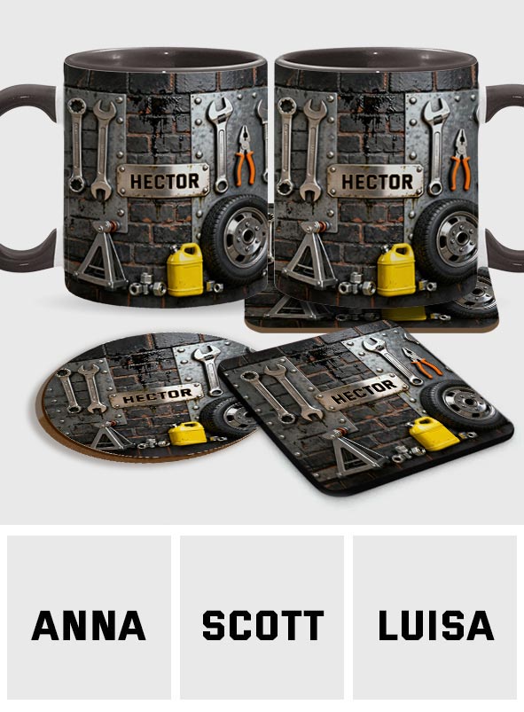 Essen, Schlafen, Reparieren, Auto reparieren, Wiederholen – Personalisierte Tasse und Untersetzer mit Mechaniker-Motiv