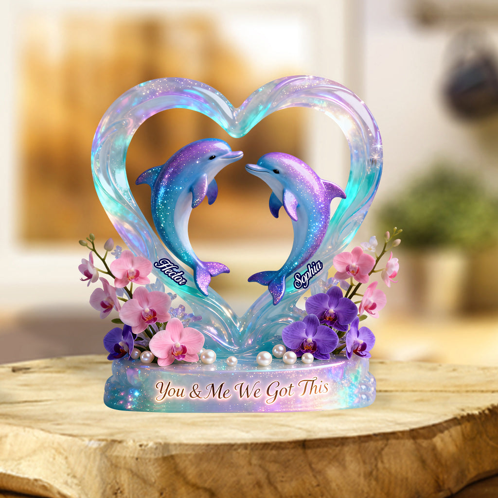 Wir schaffen das, Delfinpaar – Personalisierte Acrylplakette in Pärchenform