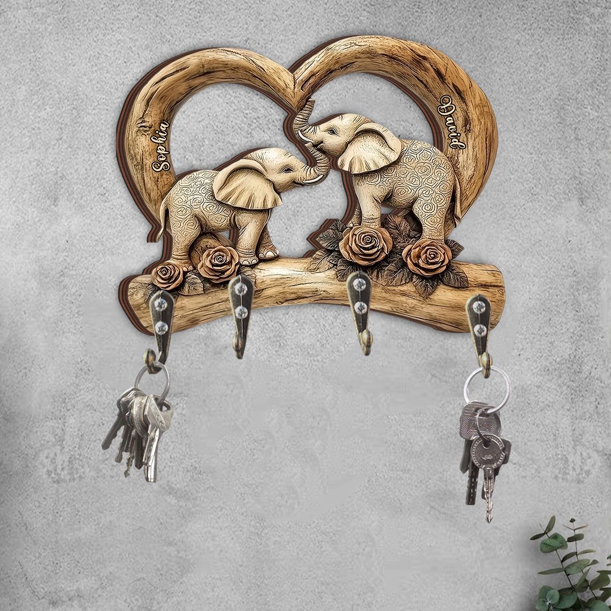 Sweetheart Elephants - Personalized Couple Custom Shaped Key Rack