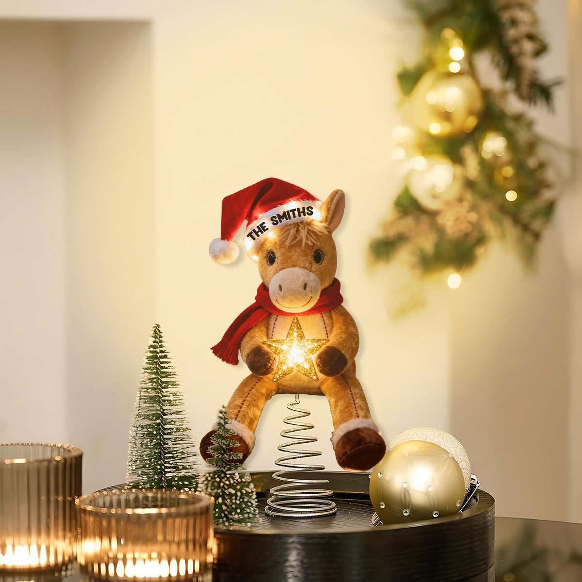 Fröhliche Pferdeweihnachten – Personalisierter LED-Baumspitzen-Pferd