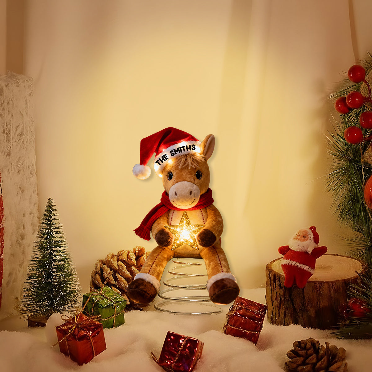Fröhliche Pferdeweihnachten – Personalisierter LED-Baumspitzen-Pferd