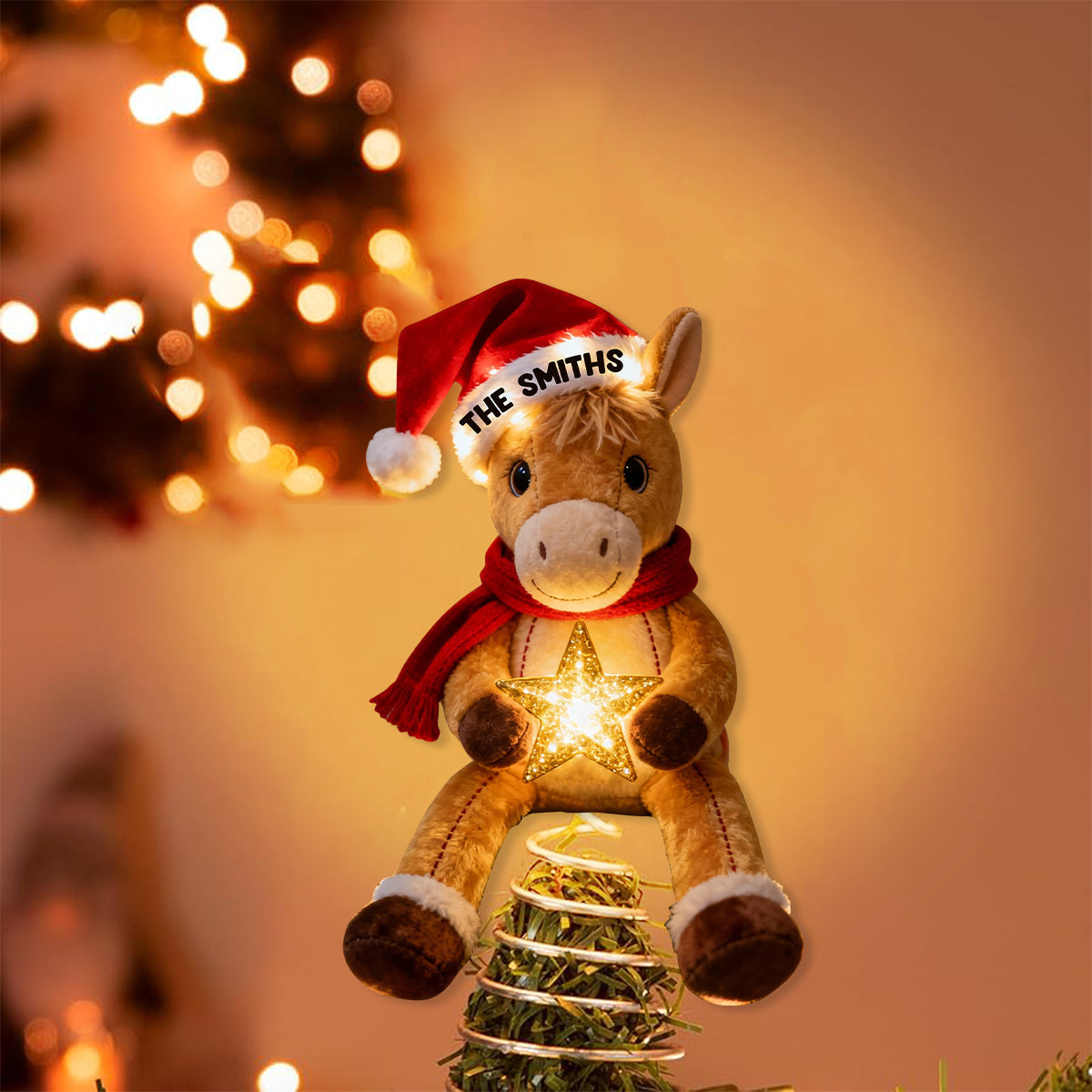 Fröhliche Pferdeweihnachten – Personalisierter LED-Baumspitzen-Pferd