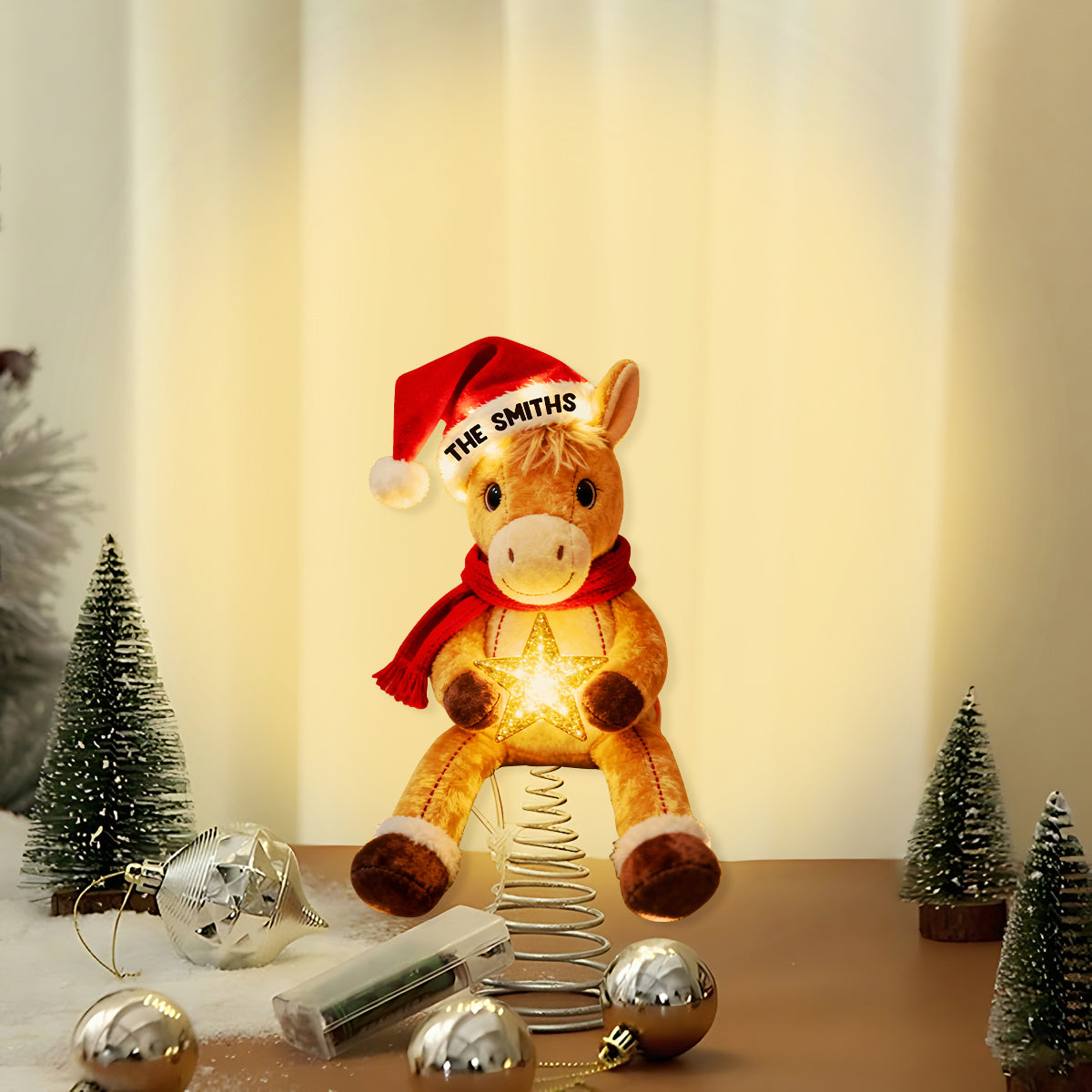 Fröhliche Pferdeweihnachten – Personalisierter LED-Baumspitzen-Pferd