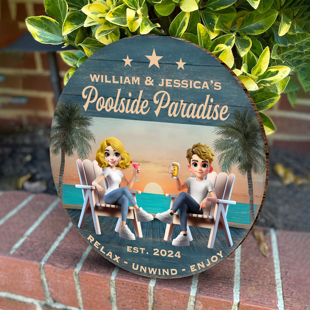 Poolside Paradise - Personalized Couple Round Wood Sign