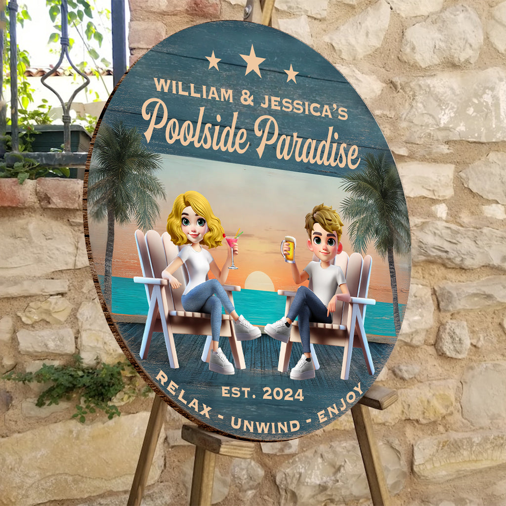 Poolside Paradise - Personalized Couple Round Wood Sign