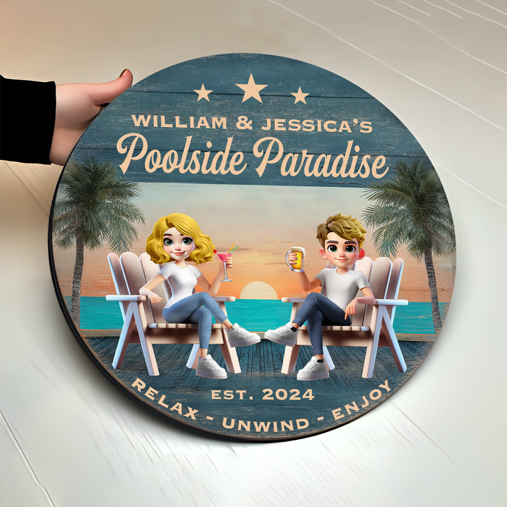 Poolside Paradise - Personalized Couple Round Wood Sign