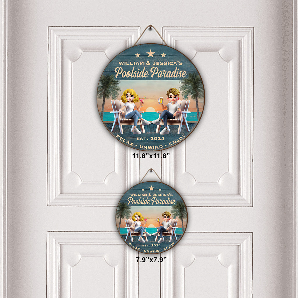 Poolside Paradise - Personalized Couple Round Wood Sign